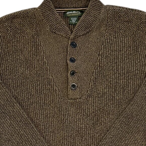 Vintage Eddie Bauer Brown Knit Sweater Men’s L 4 Button Fisherman Cabin Cozy - Picture 6 of 7